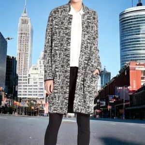PHILOSOPHY Women Cardigan M Black White Long Blazer Open Front Ponte Knit Duster